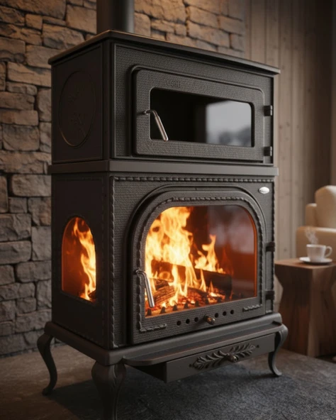 Reyo Stove Abant Üç Camlı Yan Kapak Fırınlı Döküm Şömine Soba - Resim 2