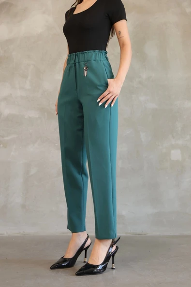 Aksesuar Detaylı Beli Lastikli Kumaş Pantolon 6119-Petrol Yeşili - Resim 4