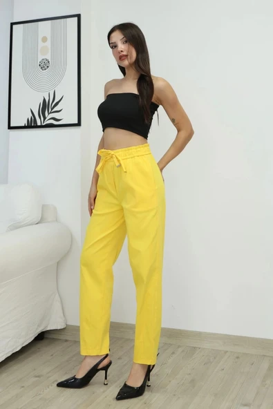 Bağlama Detaylı Beli Lastikli Pamuklu Kumaş Pantolon 6170-Sarı - Resim 2