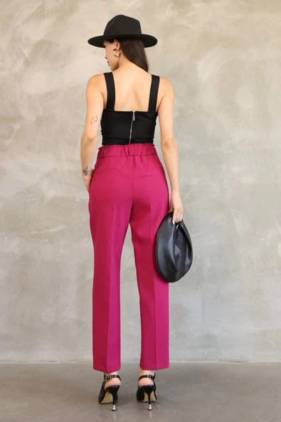 Aksesuar Detaylı Beli Lastikli Kumaş Pantolon 6119-Fuşya - Resim 7