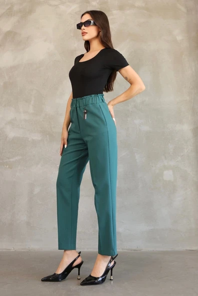 Aksesuar Detaylı Beli Lastikli Kumaş Pantolon 6119-Petrol Yeşili - Resim 3