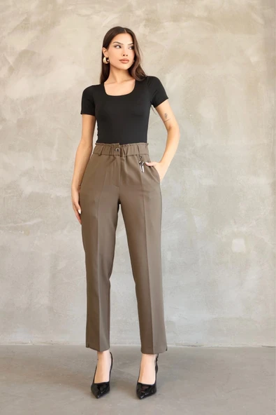 Aksesuar Detaylı Beli Lastikli Kumaş Pantolon 6119-Haki ürün görseli