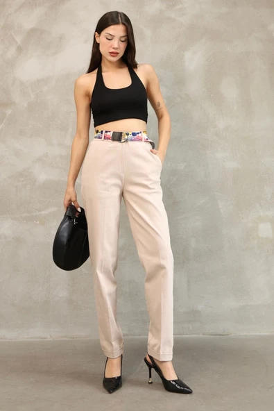 Cep Detaylı Kemerli Pamuklu Kumaş Pantolon 6174-Vizon - Resim 3