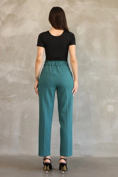 Aksesuar Detaylı Beli Lastikli Kumaş Pantolon 6119-Petrol Yeşili - Resim 6