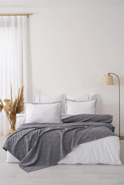 Noemi Gri Çift Kişilik %100 Pamuklu Nevresimli Yatak Örtüsü - 7 Parça Çeyiz Seti - Resim 3