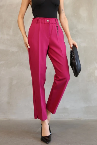 Aksesuar Detaylı Beli Lastikli Kumaş Pantolon 6119-Fuşya - Resim 4