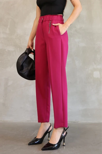Aksesuar Detaylı Beli Lastikli Kumaş Pantolon 6119-Fuşya - Resim 5