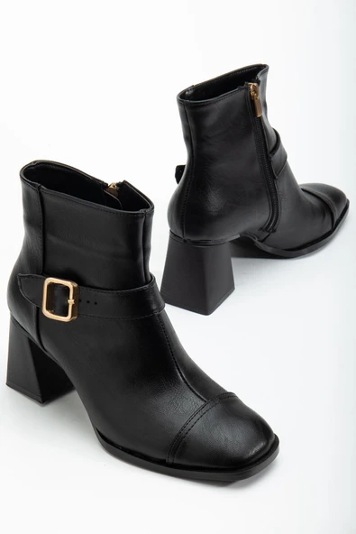 Kadın Siyah Küt Burun Tokalı Topuklu Bot - Resim 3