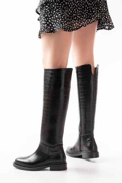 Siyah Kroko Fermuarlı Günlük Kadın Çizme - Resim 3