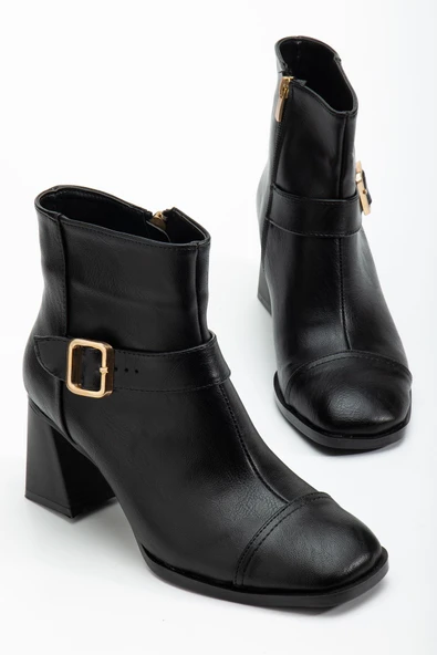 Kadın Siyah Küt Burun Tokalı Topuklu Bot - Resim 2