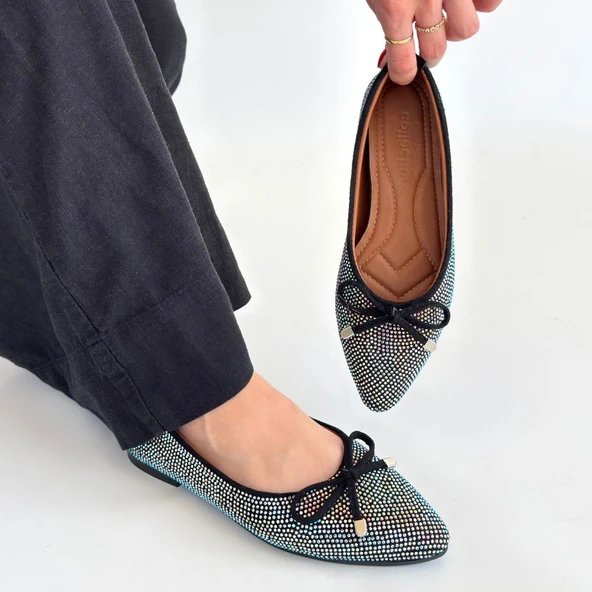 Sarra Siyah Saten İşlemeli Babet Ayakkabı - Resim 5