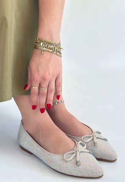 Sarra Bej Saten İşlemeli Babet Ayakkabı - Resim 2