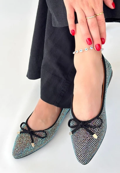 Sarra Siyah Saten İşlemeli Babet Ayakkabı - Resim 3