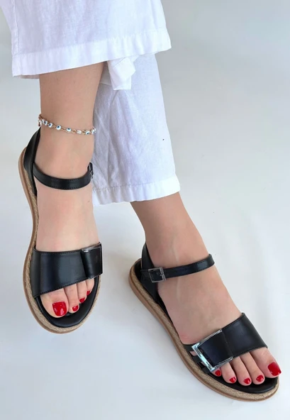 Andana Siyah Cilt Sandalet - Resim 3