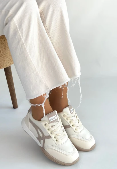 Zlay Bej Cilt Vizon Detaylı Bağcıklı Spor Ayakkabı - Resim 3