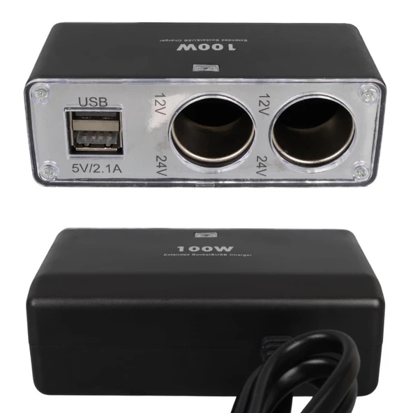 12-24v Çi̇ft Usb Gi̇ri̇şli̇ 100w 70cm Kablolu 3'lü Araç Çakmak Çoklayici - Resim 2