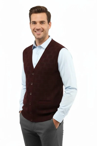 Erkek Düğmeli Yelek Cepli Çelik Örgü Klasik Kalıp 5215L BGL-ST04847 - Resim 7