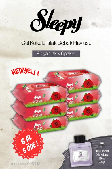6 AL 5 ÖDE Sleepy 90'lı Gül Kokulu Bebek Islak Havlu, Rosie Pudra Oda Kokusu ürün görseli