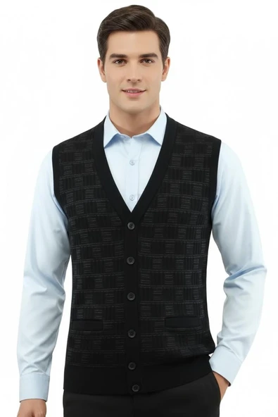 Erkek Düğmeli Yelek Cepli Çelik Örgü Klasik Kalıp 5215L BGL-ST04847 - Resim 3