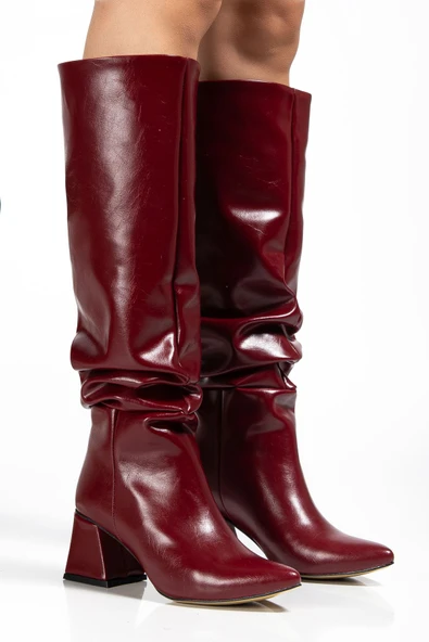 Bordo Kırışık Rugan Körüklü Kalın Topuklu Günlük Bayan Çizme - Resim 5