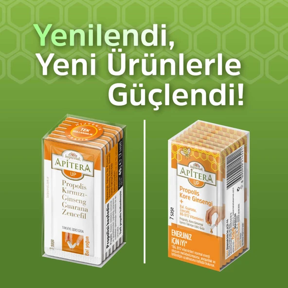 Apitera UP Doğal Bal, B Vitaminleri, Kırmızı Ginseng, Guarana ve Propolis İçeren Takviye Edici 56lı Saşe - Resim 2