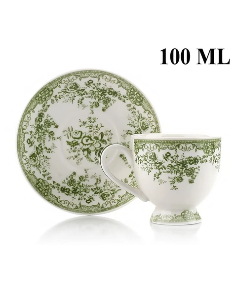 Türk Kahvesi Takımı 2 Kişilik Porselen – Yeşil Çiçek Desenli | 100 ml - Resim 3