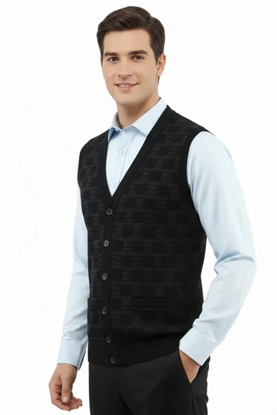 Erkek Düğmeli Yelek Cepli Çelik Örgü Klasik Kalıp 5215L BGL-ST04847 - Resim 6