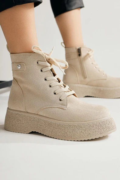 Kadın Postal Bot Bağcıklı Yandan Fermuarlı Bej Termo Kaymaz Taban ürün görseli 1