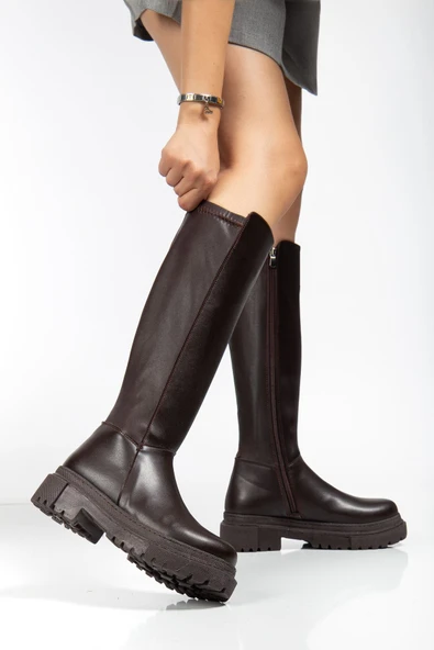 Kahverengi Fermuarlı Günlük Kadın Çizme - Resim 3