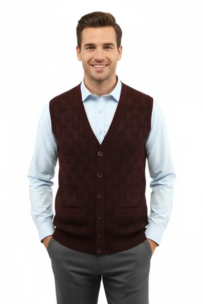 Erkek Düğmeli Yelek Cepli Çelik Örgü Klasik Kalıp 5215L BGL-ST04847 - Resim 4