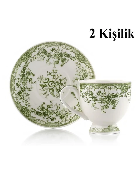 Türk Kahvesi Takımı 2 Kişilik Porselen – Yeşil Çiçek Desenli | 100 ml - Resim 4