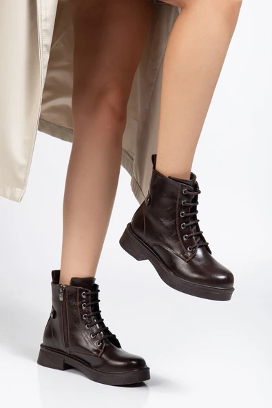 Kahve Kırışık Rugan Bağcıklı Fermuarlı Günlük Kadın Bot - Resim 2