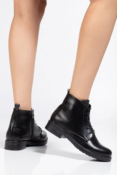 Siyah Yanki Bağcıklı Fermuarlı Günlük Kadın Bot - Resim 3