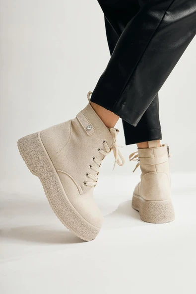 Kadın Postal Bot Bağcıklı Yandan Fermuarlı Bej Termo Kaymaz Taban - Resim 3