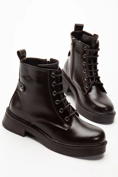 Kahve Kırışık Rugan Bağcıklı Fermuarlı Günlük Kadın Bot - Resim 5