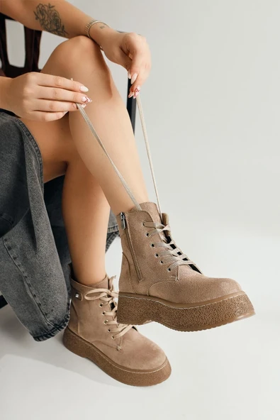 Kadın Postal Bot Bağcıklı Yandan Fermuarlı Vizon Termo Kaymaz Taban - Resim 3