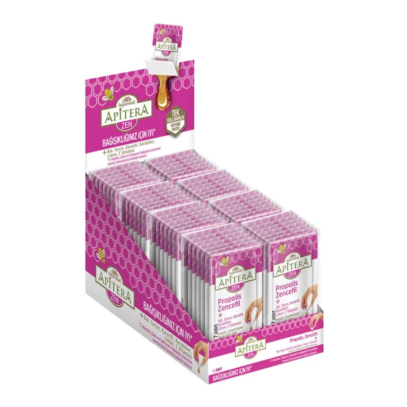 Apitera ZEN Doğal Bal, C Vitamini, Çinko, Selenyum, Zencefil, Tarçın, Karanfil, Karabiber, Limon ve Propolis İçeren Takviye Edici 56lı Saşe ürün görseli