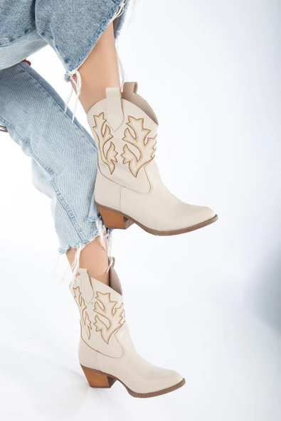Norah Krem Cilt Topuklu Nakışlı Kovboy Bot ürün görseli 1