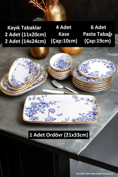 Pinkev 30 Parça 6 Kişilik Seramik Pasta Kahvaltı Sunum Tabağı Takımı Seti - Mavi Çiçekli - Resim 2