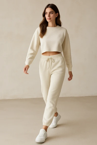 Kadın Paça Lastik Üç İp Şardonlu Lopez Eşofman Altı Ekru ürün görseli