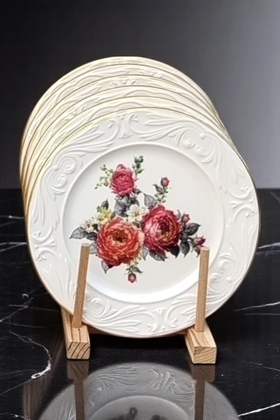 Pinkev 6 Adet 20cm Seramik Pasta Tatlı Tabağı Seti - Nar Çiçeği - Resim 2