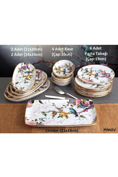 Pinkev Flora 16 Parça Fanuslu Seramik Pasta Sunum Tabağı Takımı Seti - Kup116f - Resim 2