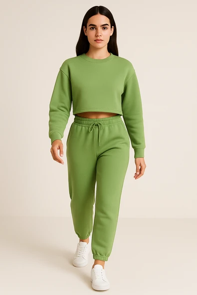 Kadın Paça Lastik Üç İp Şardonlu Lopez Eşofman Altı Yeşil - Resim 4