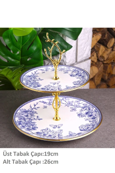 Pinkev 30 Parça 6 Kişilik Seramik Pasta Kahvaltı Sunum Tabağı Takımı Seti - Mavi Çiçekli - Resim 5