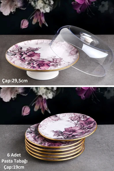 Pinkev Petunia 7 Parça Fanuslu Seramik Pasta Sunum Tabağı Seti - KUP120P ürün görseli