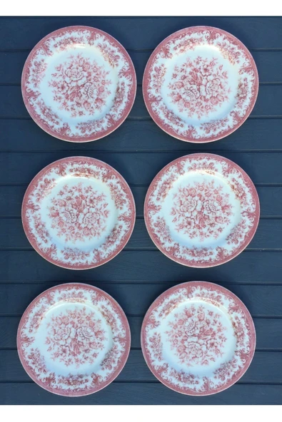 Pinkev 6 Kişilik Porselen 19cm Pasta Tatlı Tabağı Tabak Seti - Red Rosabella - Resim 2