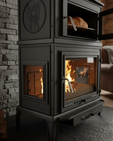 Reyo Stove Salda Üç Camlı Yan Kapak Fırınlı Döküm Şömine Soba - Resim 3