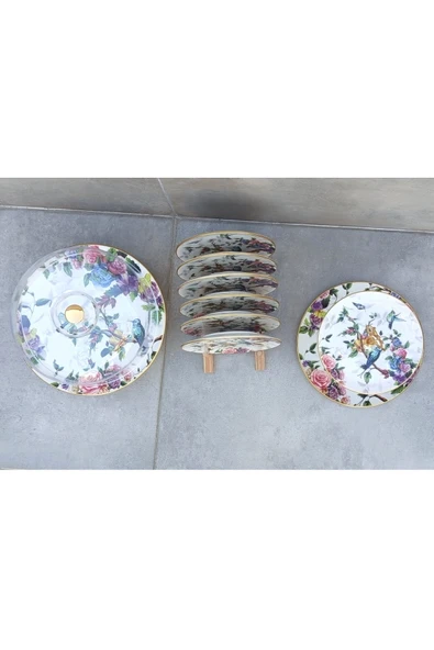 Pinkev 8 Parça Kuş Desenli Seramik Pasta Sunum Tabağı Seti - Resim 4