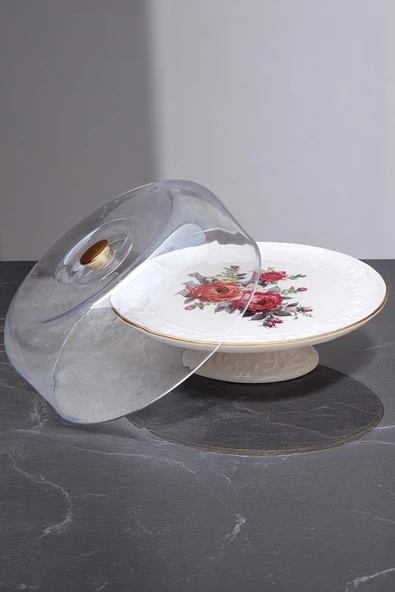 Pinkev Kapaklı 30cm Seramik Pasta Kek Fanusu Standı - Nar Çiçeği - Resim 2