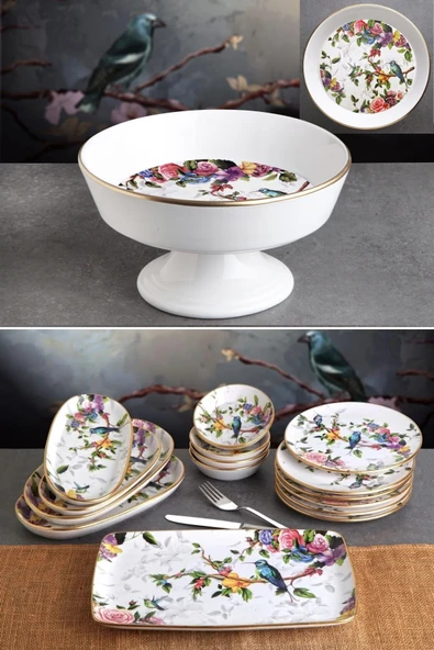 Pinkev Flora 6 Kişilik Seramik Meyvelikli Pasta Kahvaltılık Sunum Tabağı Seti - KUP104F ürün görseli